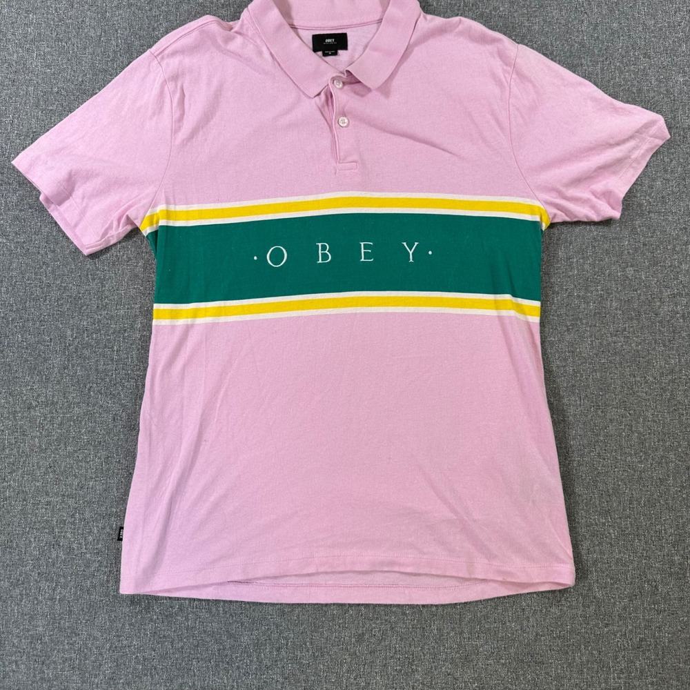 Obey Mens Polo Shirt Medium Pink Green Yellow Stripe Cotton Short Sleeve Y2K Top